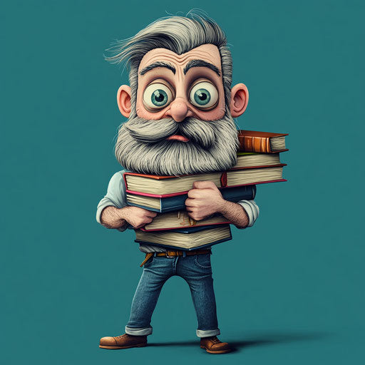 Humorous caricature of a Herman Melville caricature clipart with human characteristics, exaggerated big eyes, muscular arms, stack of books, vibrant colors, cartoon style, surprised, high-resolution, no background, isolated