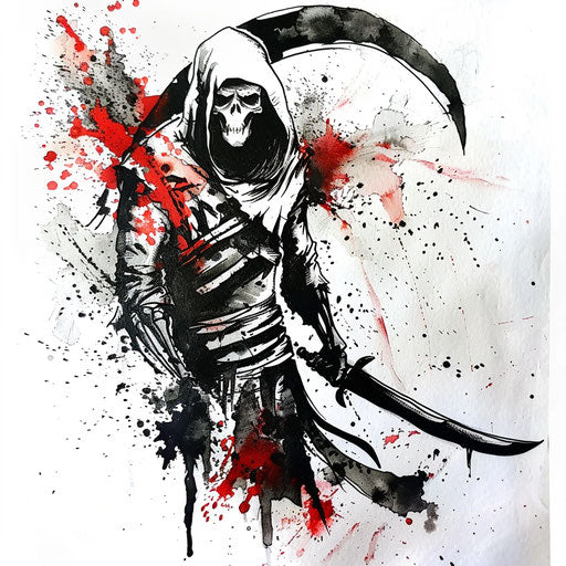 Watercolor reaper tattoo with red and black splashes
