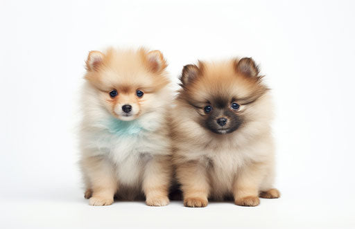 Two Pomeranian puppies in front of a white background, light teal and light maroon style