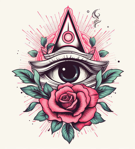 Tattoo of sun, red rose, all seeing eye in black and white style