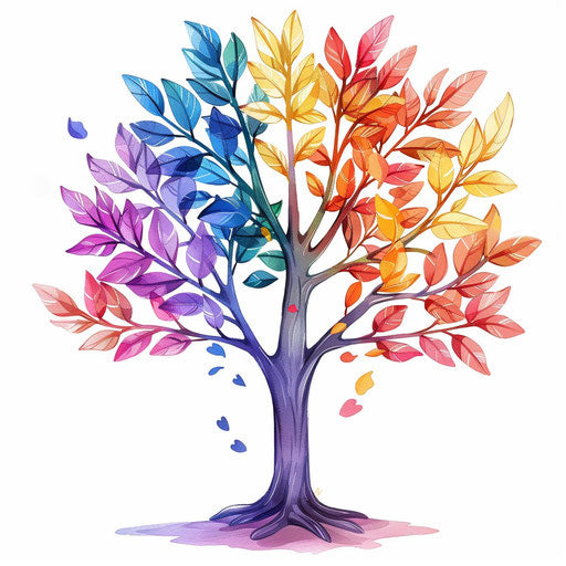 Artistic rendering of a tree with leaves in pride colors, flat tattoo sketch
