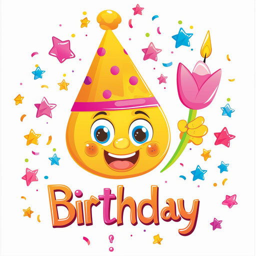 Happy Birthday with smiling emoji and pink tulip