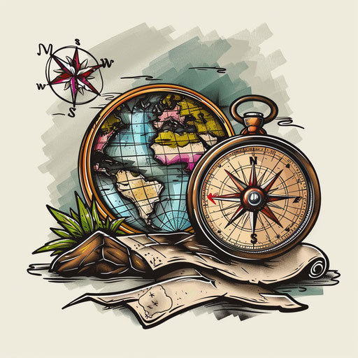 Flat tattoo sketch of a compass and map
