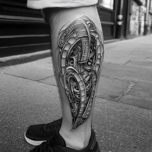 Black and grey tattoo with biomechanical designs