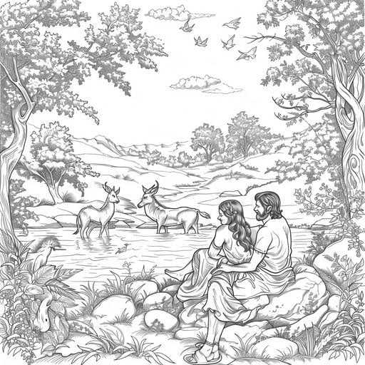 Adam and Eve by a river with animals