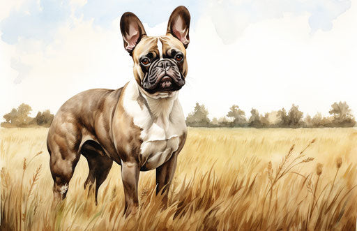 French bulldog in grass, dark brown and white style