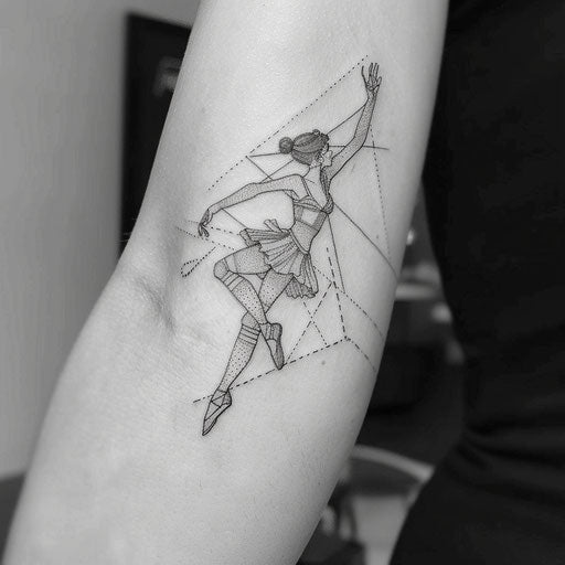 Vibrant flat tattoo sketch of a dancer formed with dynamic dot placement