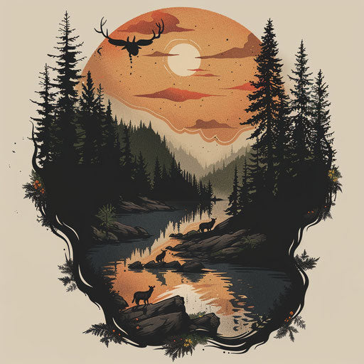 Nature-inspired flat tattoo sketch with forest scenery and wildlife in earth tones