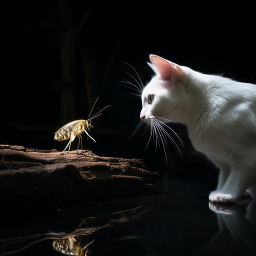 white cat staring at an insect