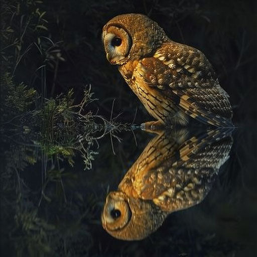 Northern spotted owl reflecting in still waters at dawn