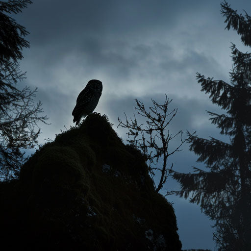 Northern spotted owl at dusk on mossy rocky outcrop