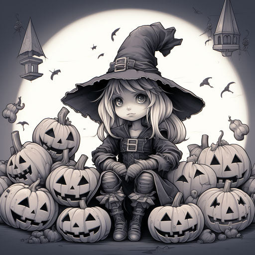 The cute Halloween witch among pumpkins to color, in the style of cybermysticsteampunk, black and white realism, #screenshotsaturday, fantasy-based, rtx on, carving