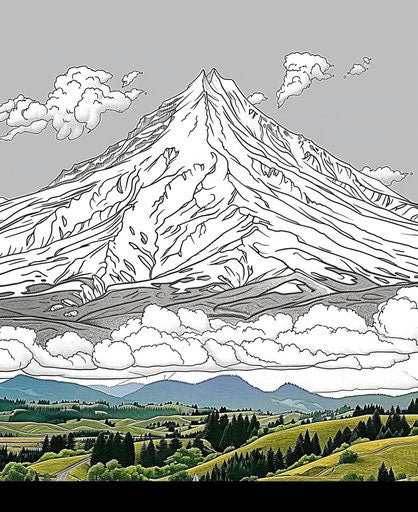 Adult coloring book, Mount Hood against cloudy sky, black and white, fine lines
