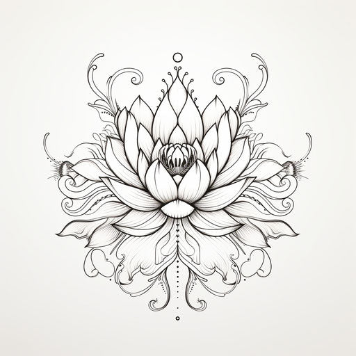 Lotus flower pattern hand drawn ornament for mandala, pattern isolated on white background, in the style of classic tattoo motifs, indian scenes, minimalistic design, suspended/hanging, positive/negative space, massurrealism
