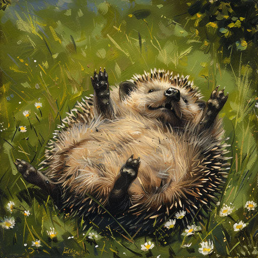 Hedgehog happily rolling in a lush meadow