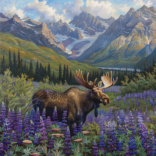A moose in a field of wild lupines, with towering mountains in the background.