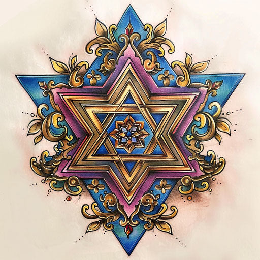 Neo-traditional tattoo sketch of a Star of David with rich colors and intricate details