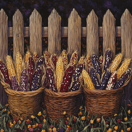 Indian corn field with baskets full of colorful ears ready for the harvest festival