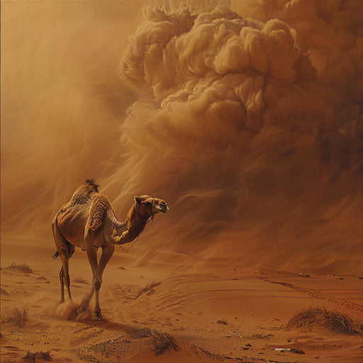 Camel against sandstorm, symbol of endurance
