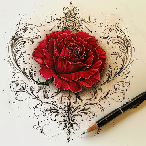 Ornate tattoo sketch of a red rose with detailed filigree and rich burgundy tones