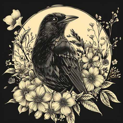 Elegant sketch of a blackbird surrounded by delicate white floral motifs