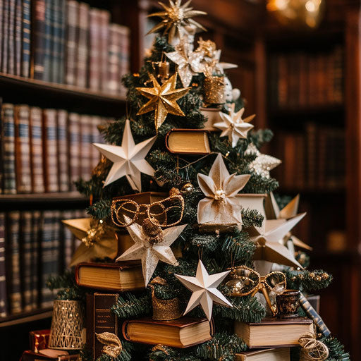 A Christmas tree in a library, adorned with mini books, golden spectacles, and paper stars