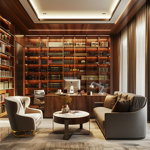 Modern law firm office with elegant library and decor