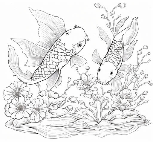 Koi fish in the pond. Coloring page elegant inking style.