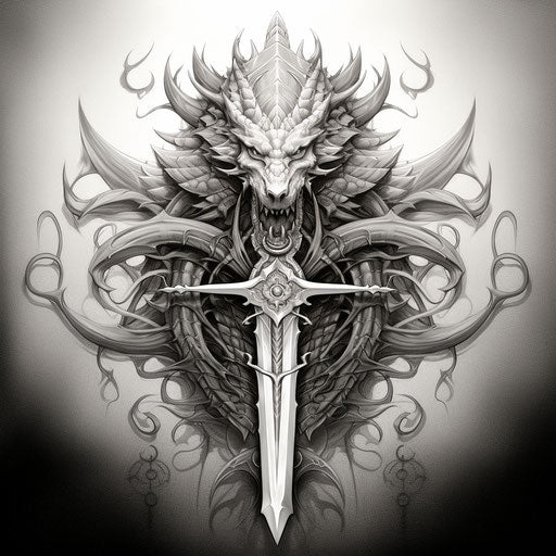 A tattoo with a dragon, sword and rosetta, in the style of pencil art illustrations