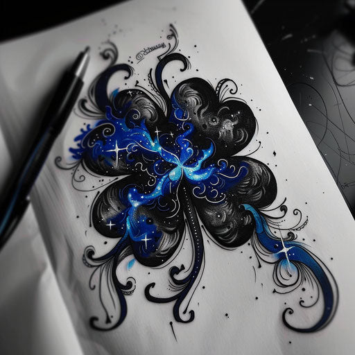Cosmic tattoo sketch of a black clover with starry space elements and glowing blue accents