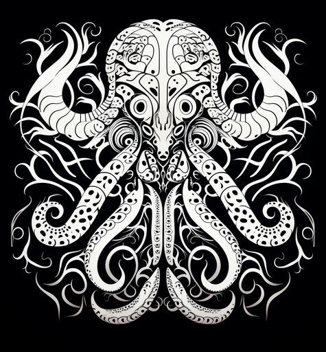 Black and white octopus pattern, Maori style, precise shapes, tattoo