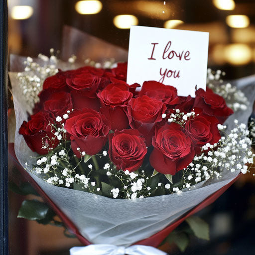 Red rose bouquet with love message in store window