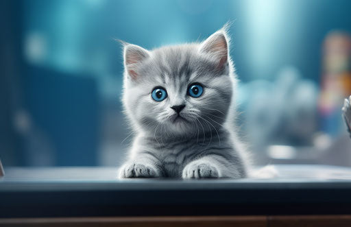 Grey kitten sitting on a table, primitivist frenzy, emotive faces