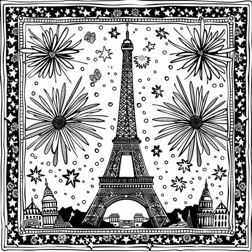 Eiffel Tower and fireworks, coloring book page