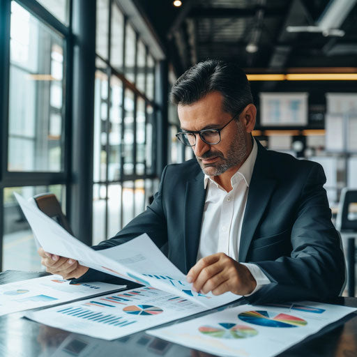 Businessman reviewing financial reports with graphs in a modern office