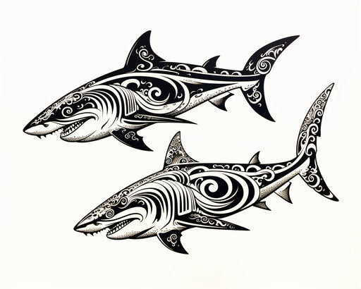 Two black and white sharks in tribal style with tribal details