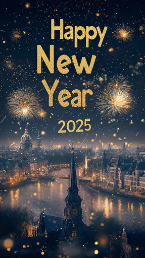 Happy New Year greeting card 3D golden text on black background with fireworks
