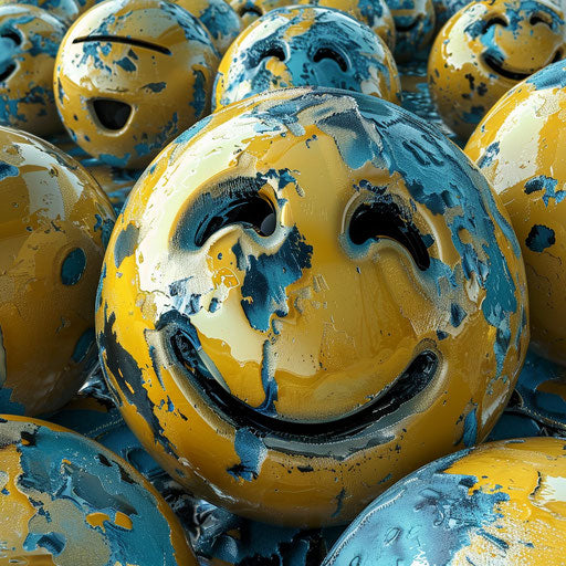 Happiness and smileys for your desktop and laptop, in the style of bombacore, ps1 graphics, ron arad, full body, yellow and blue, found footage