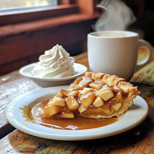 Apple pie with caramel sauce and whipped cream