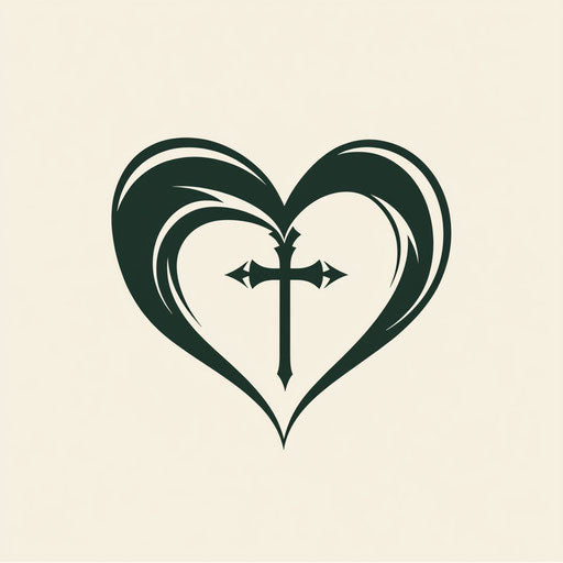 Inspiring church logo with abstract heart and cross, sophisticated typography in dark green and white on flat beige background