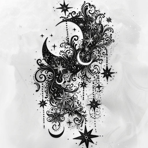 Celestial lace tattoo sketch with twinkling stars and crescent moons