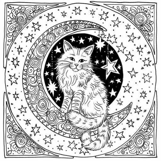 Whimsical cat on crescent moon surrounded by stars