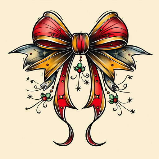 Cartoonish clipart tattoo sketch of a playful bow with bright red and yellow colors