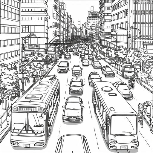 Detailed view of a busy street with cars, buses, pedestrians