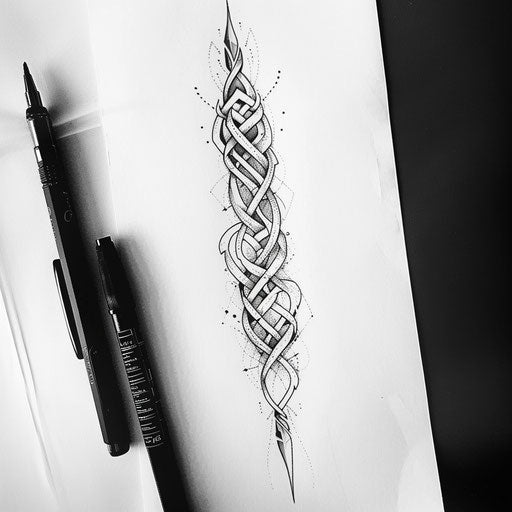 Minimalist flat tattoo sketch of a neo tribal band with intricate knotwork