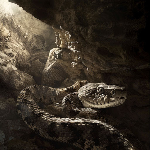 Rattlesnake in a shadowy cave, dramatic and intense