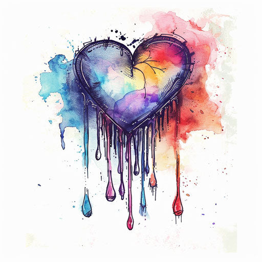 Dynamic flat tattoo sketch of a heart shedding colorful tears