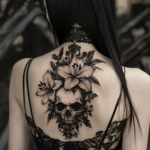Floral tattoos for women with skull and lilies