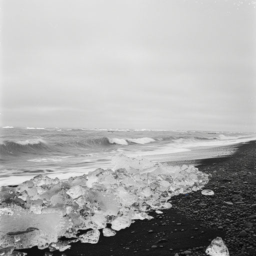 Diamond Beach in Iceland with glistening ice on the shore