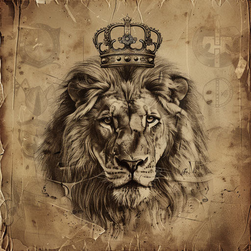 Vintage flat tattoo sketch of lion with crown in sepia tones